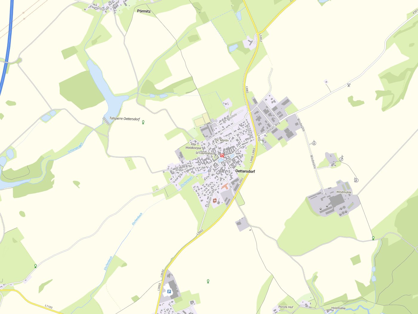 Kartenausschnitt Oettersdorf mit Gewässern