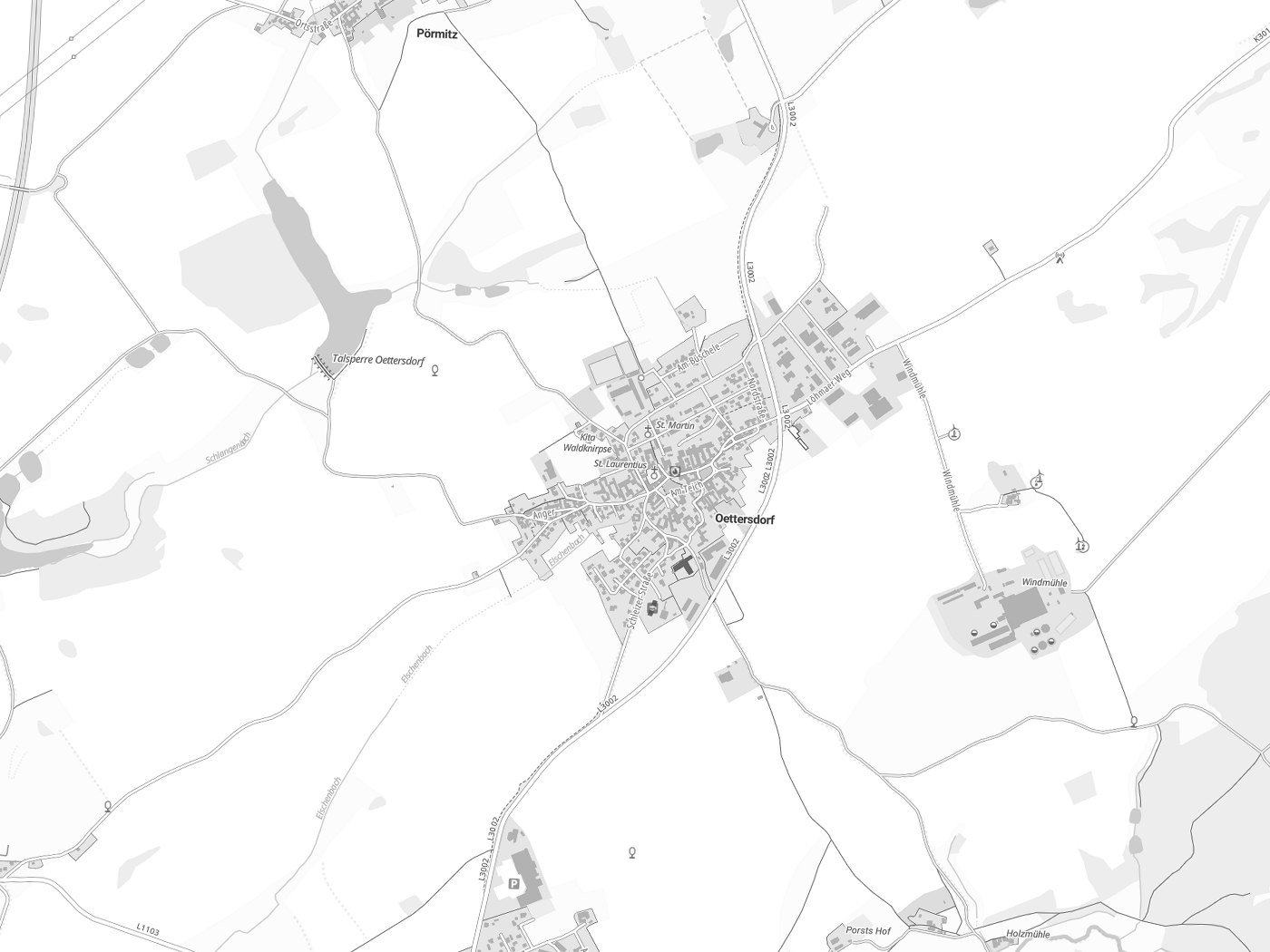 Kartenausschnitt Oettersdorf mit Gewässern