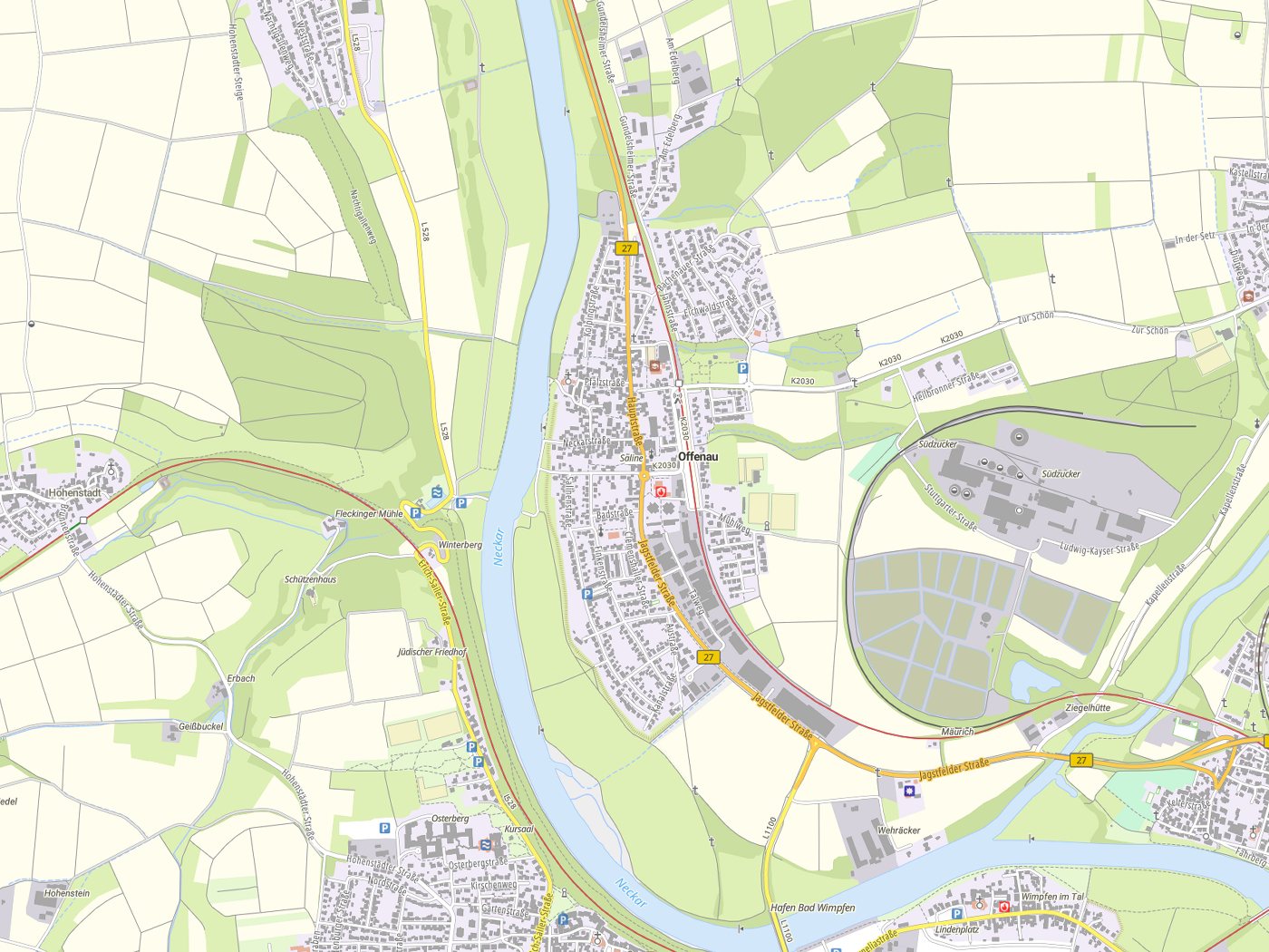 Kartenausschnitt Offenau mit Gewässern