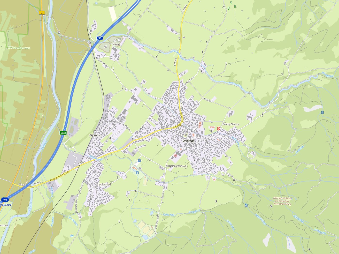 Kartenausschnitt Ohlstadt mit Gewässern