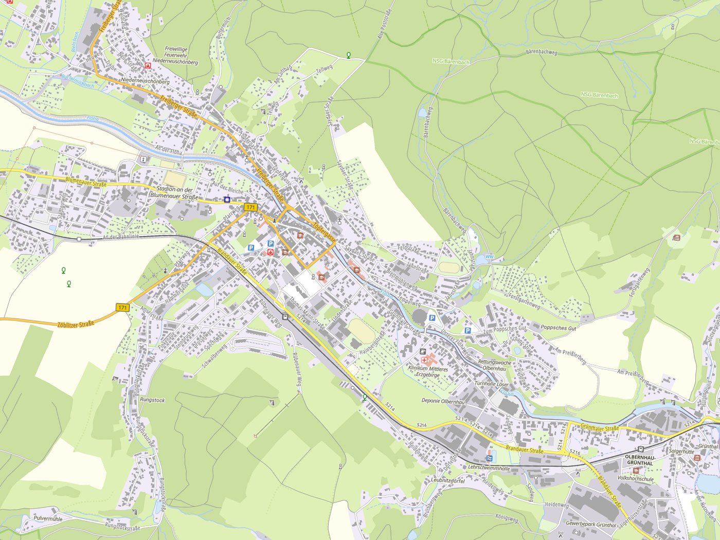 Kartenausschnitt Olbernhau mit Gewässern