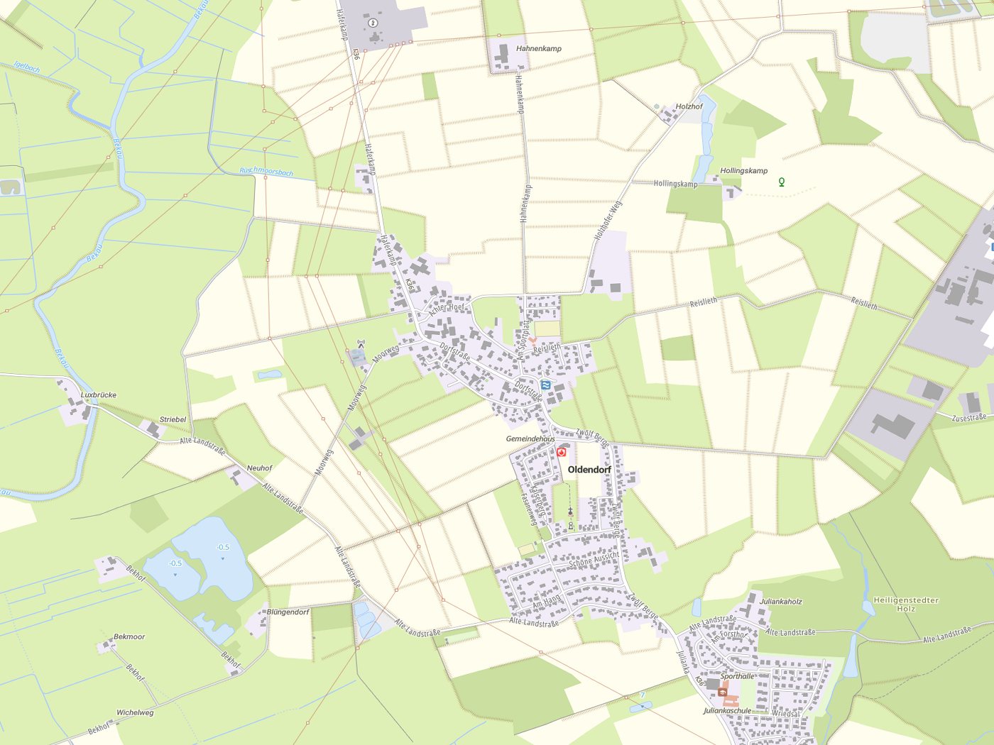 Kartenausschnitt Oldendorf mit Gewässern