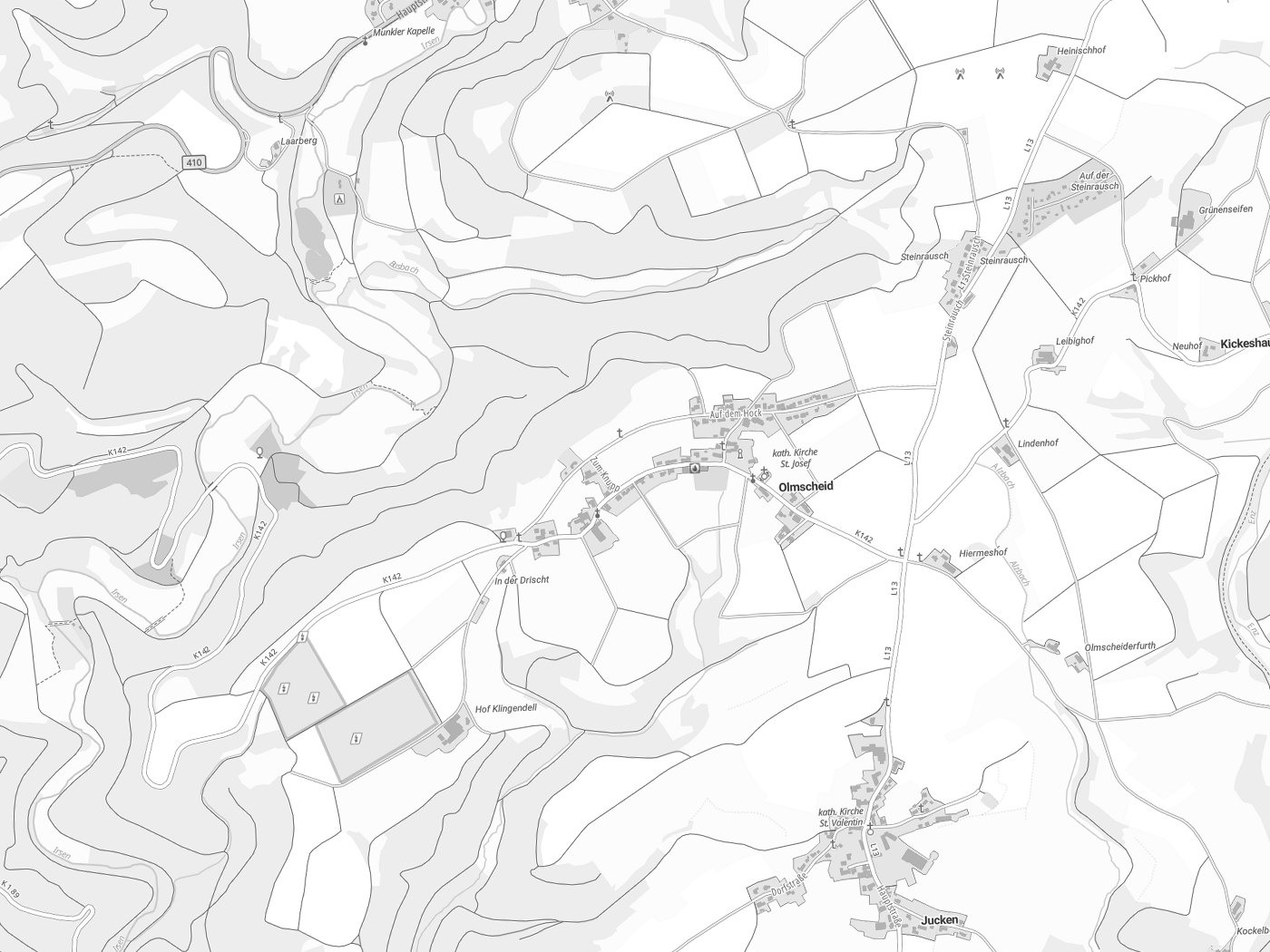 Kartenausschnitt Olmscheid mit Gewässern