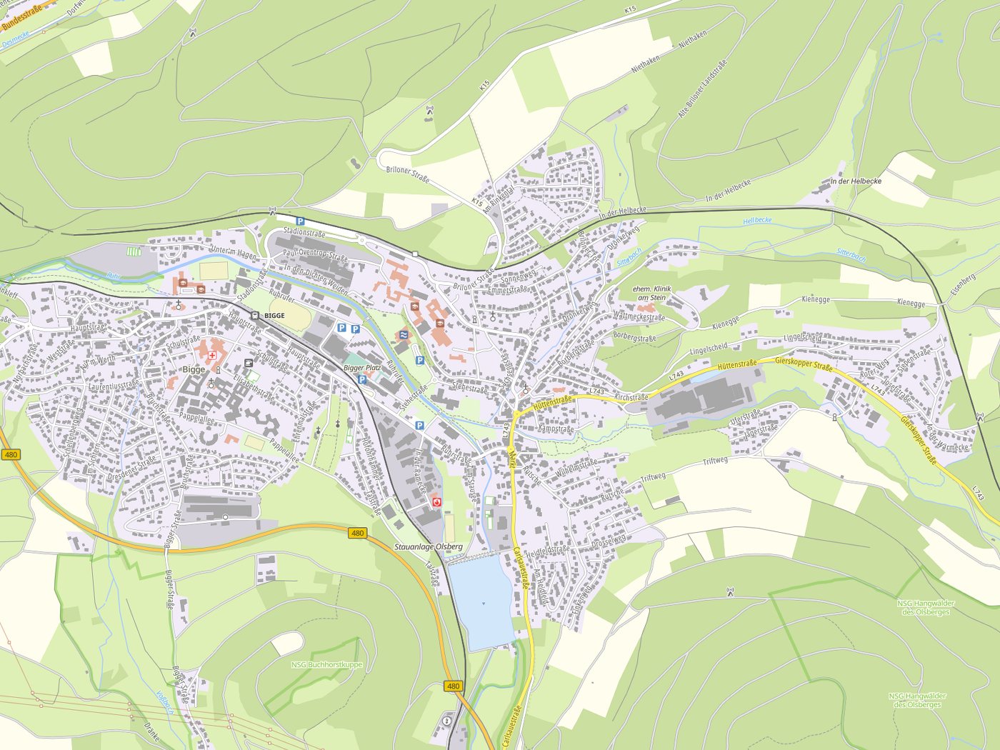 Kartenausschnitt Olsberg mit Gewässern