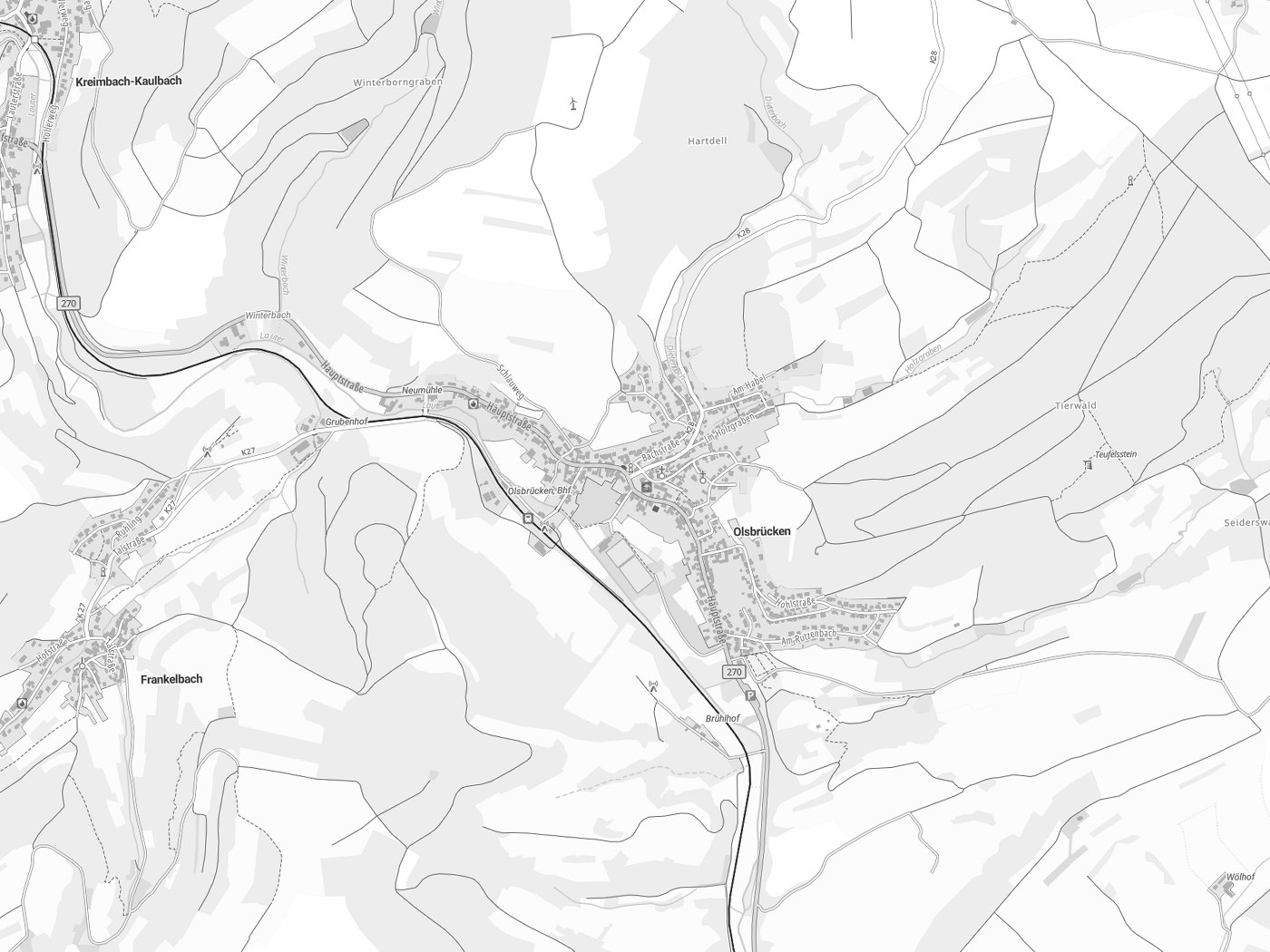 Kartenausschnitt Olsbrücken mit Gewässern