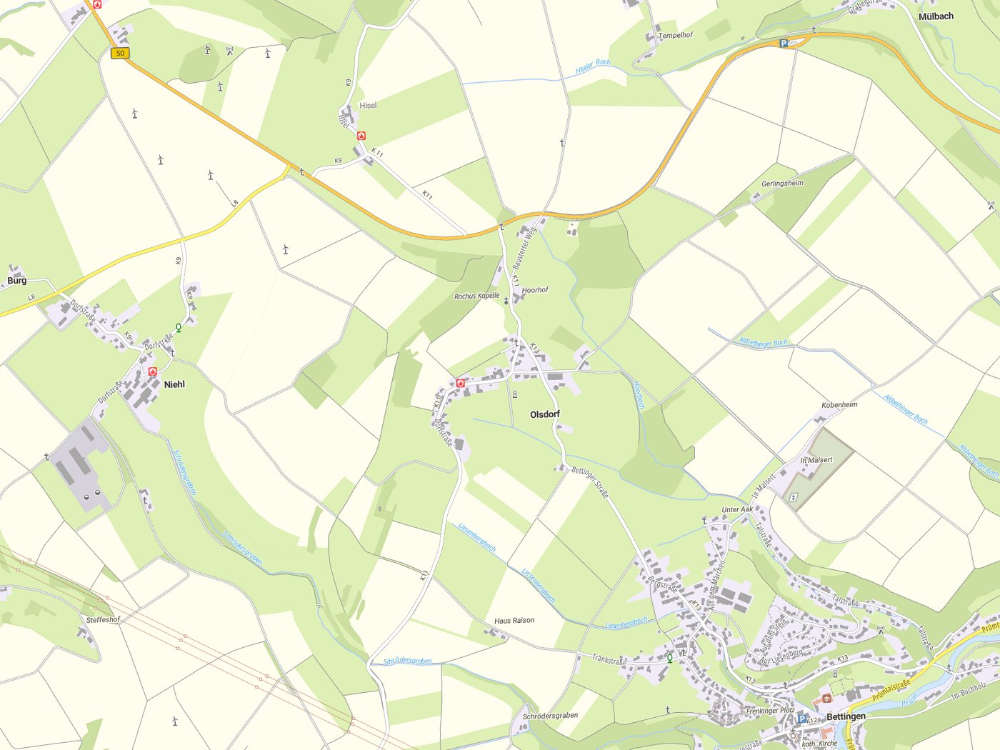 Kartenausschnitt Olsdorf mit Gewässern