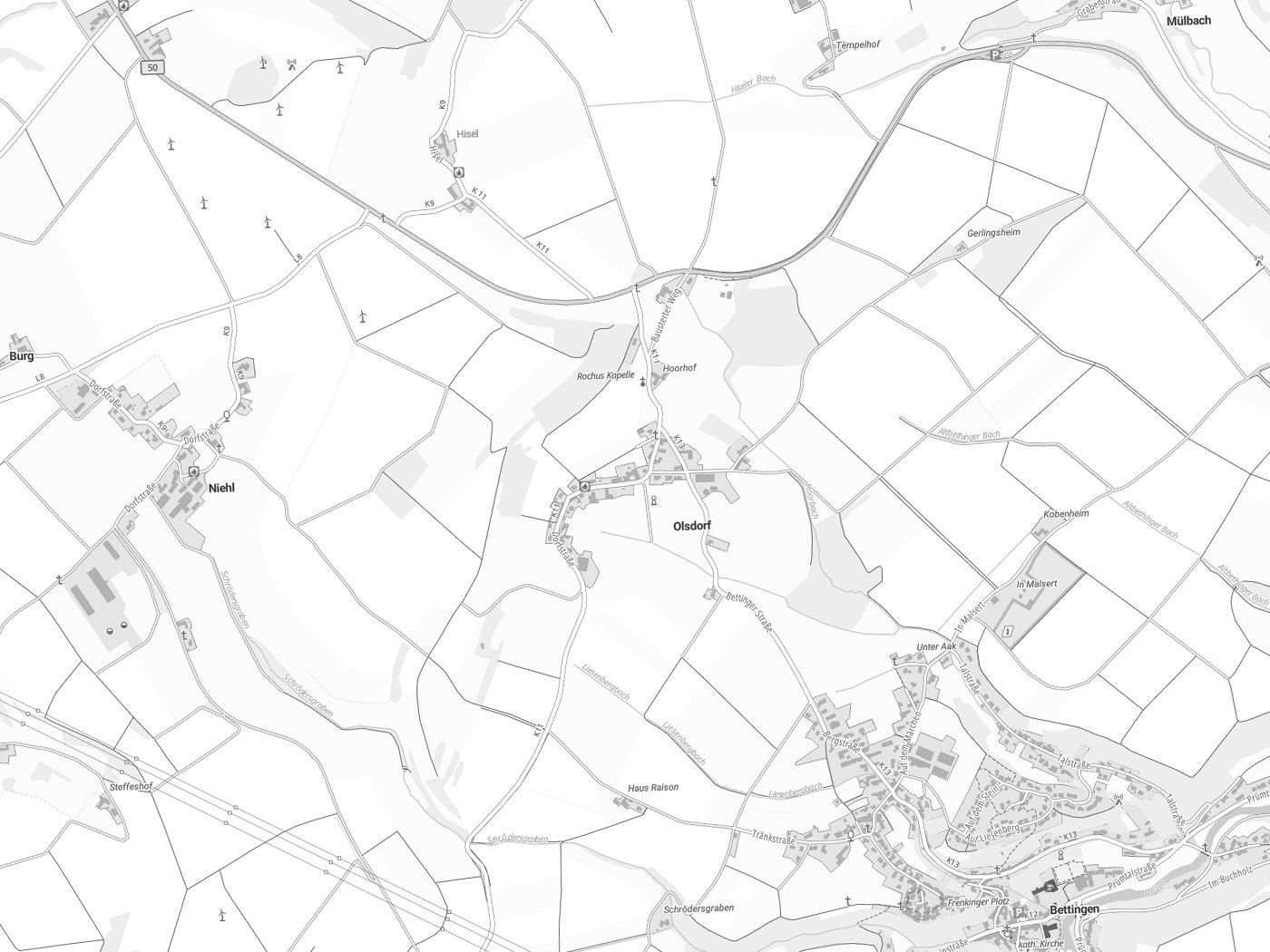 Kartenausschnitt Olsdorf mit Gewässern