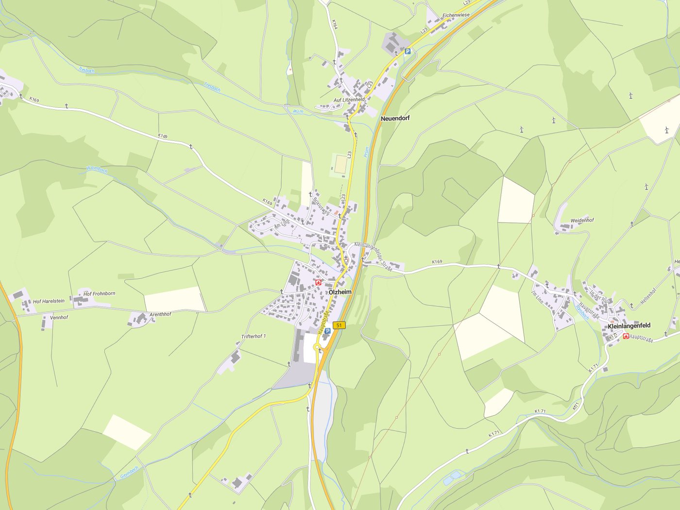 Kartenausschnitt Olzheim mit Gewässern