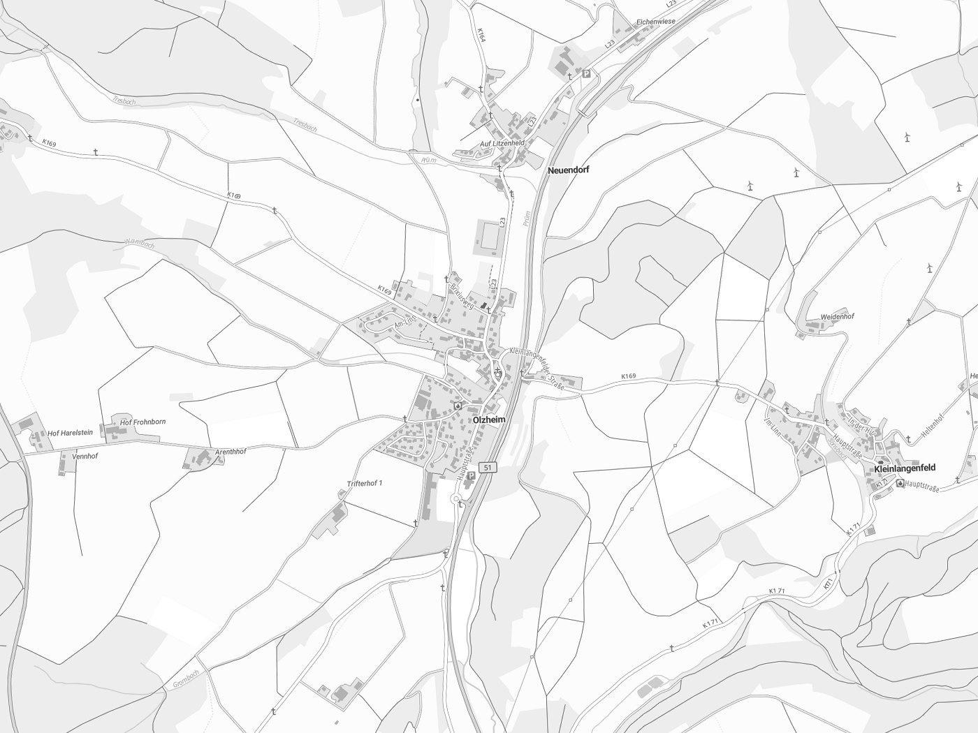 Kartenausschnitt Olzheim mit Gewässern