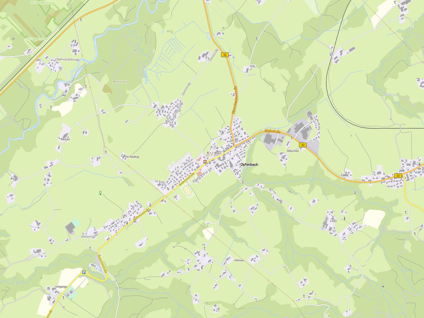Kartenausschnitt Opfenbach mit Gewässern