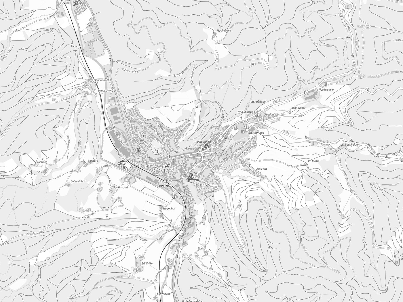 Kartenausschnitt Oppenau mit Gewässern
