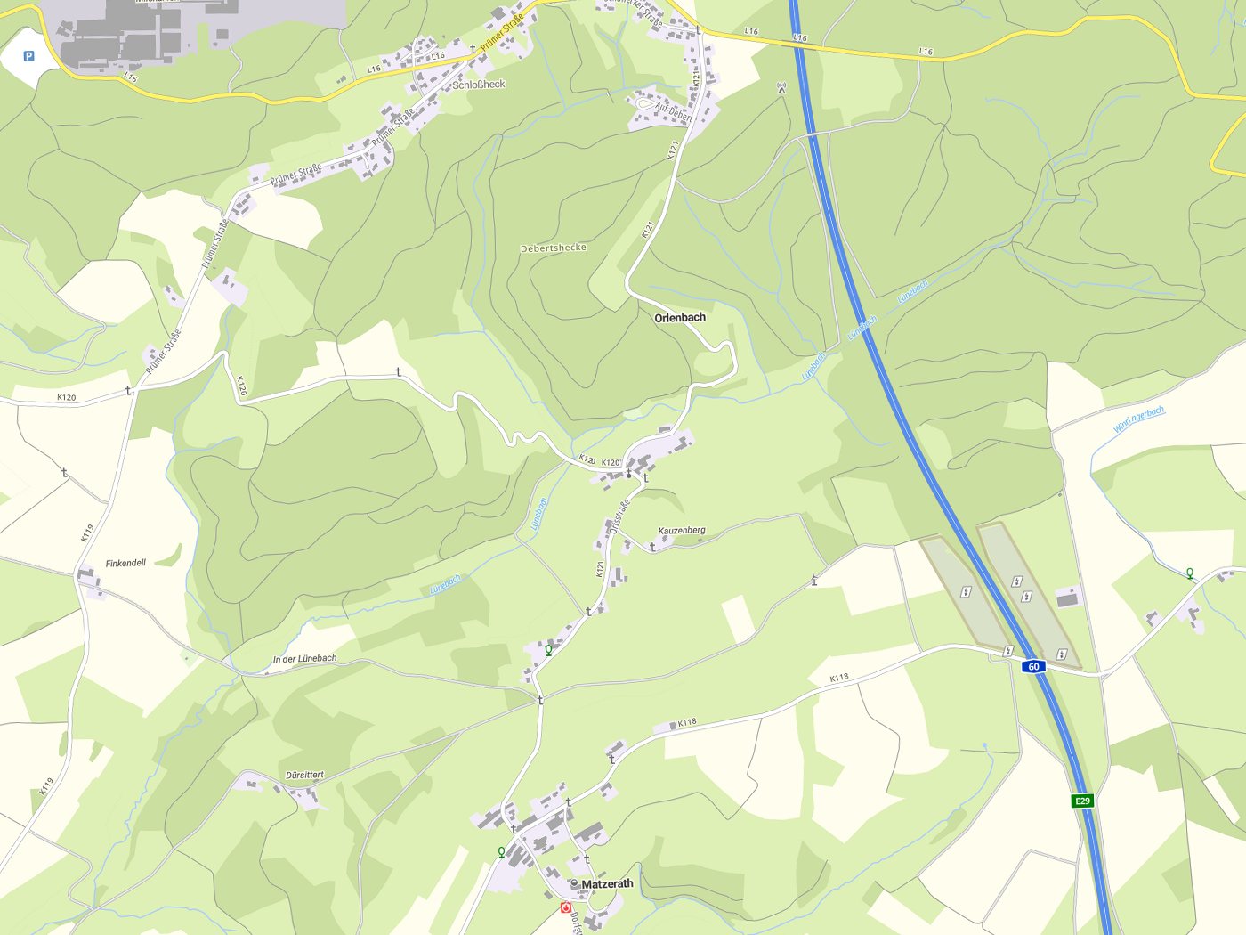 Kartenausschnitt Orlenbach mit Gewässern