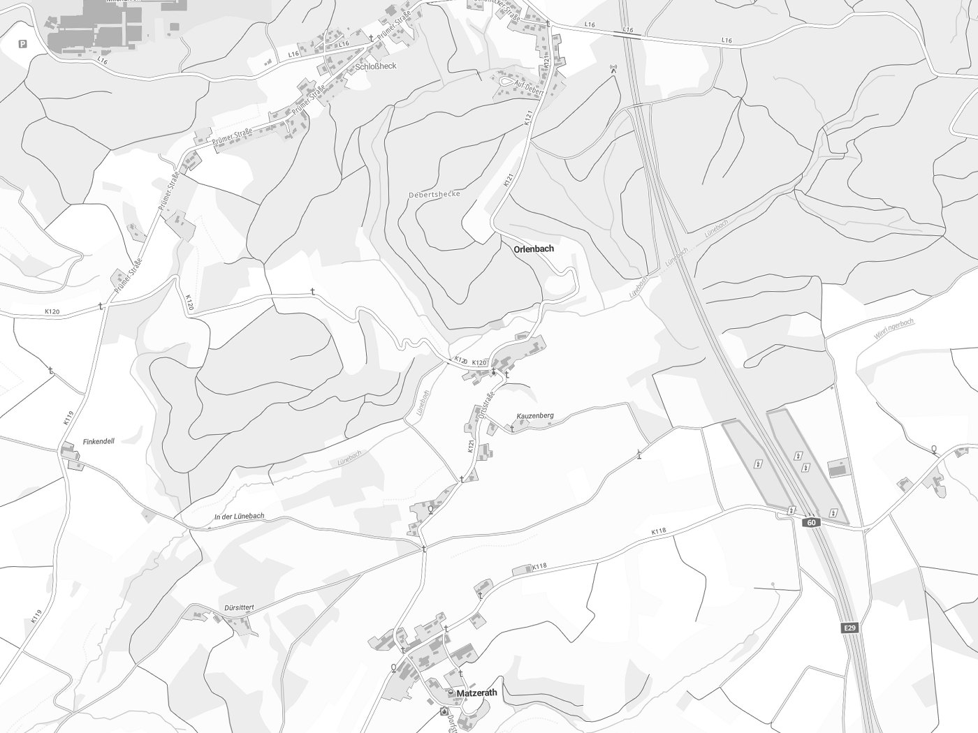 Kartenausschnitt Orlenbach mit Gewässern