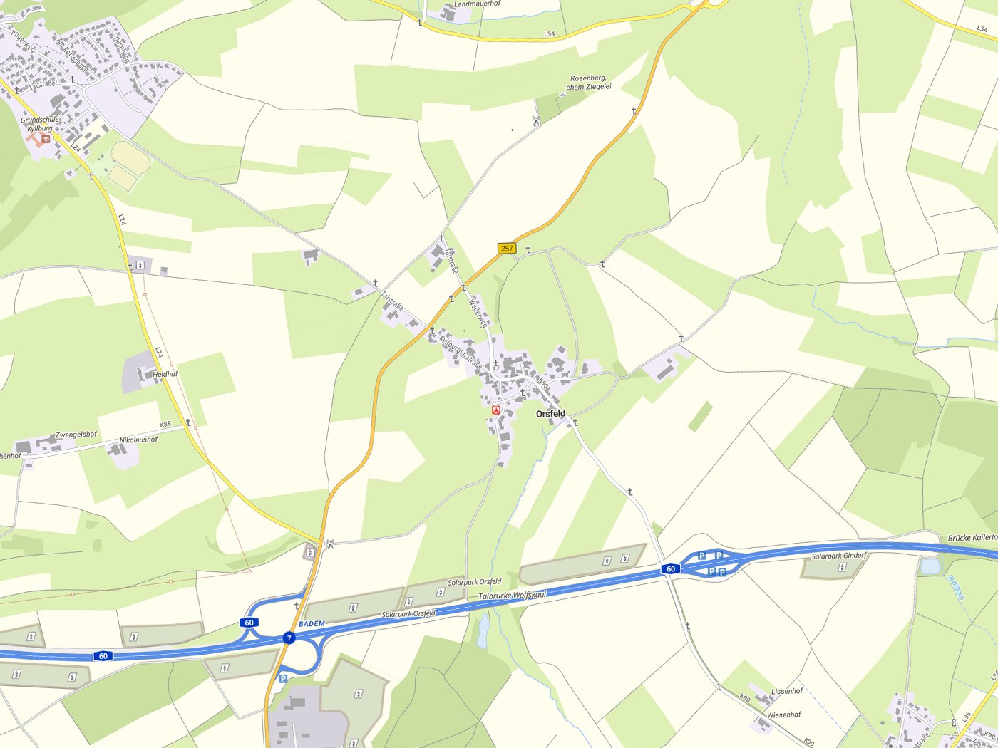Kartenausschnitt Orsfeld mit Gewässern