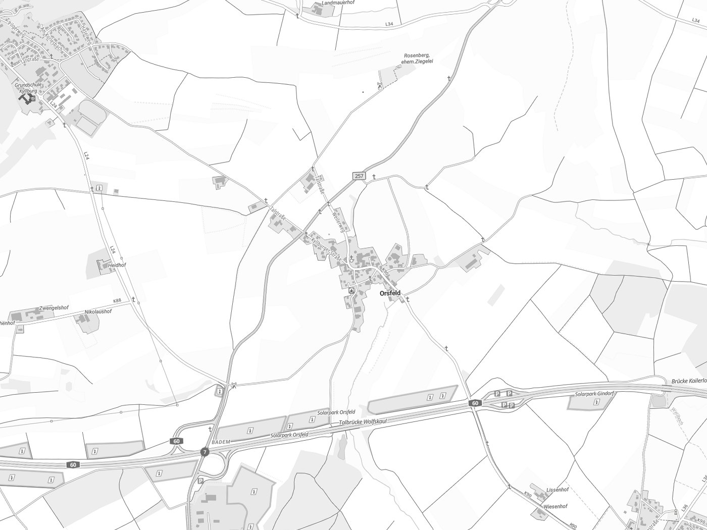 Kartenausschnitt Orsfeld mit Gewässern