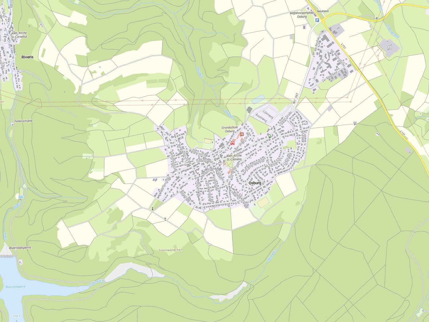 Kartenausschnitt Osburg mit Gewässern