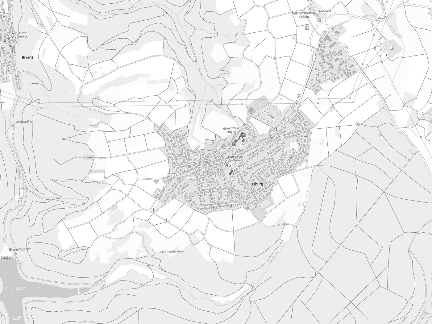 Kartenausschnitt Osburg mit Gewässern