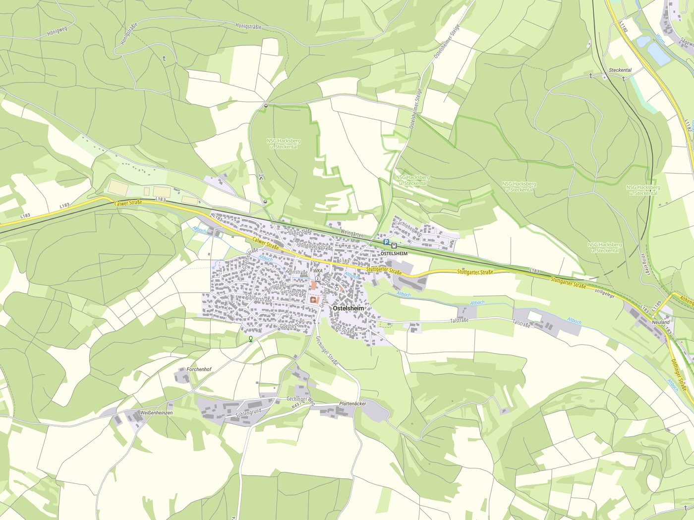 Kartenausschnitt Ostelsheim mit Gewässern
