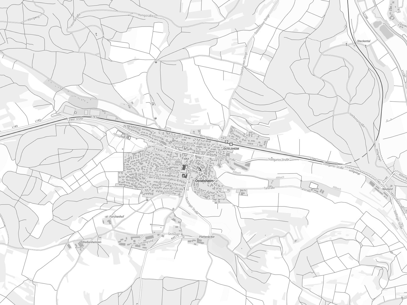 Kartenausschnitt Ostelsheim mit Gewässern