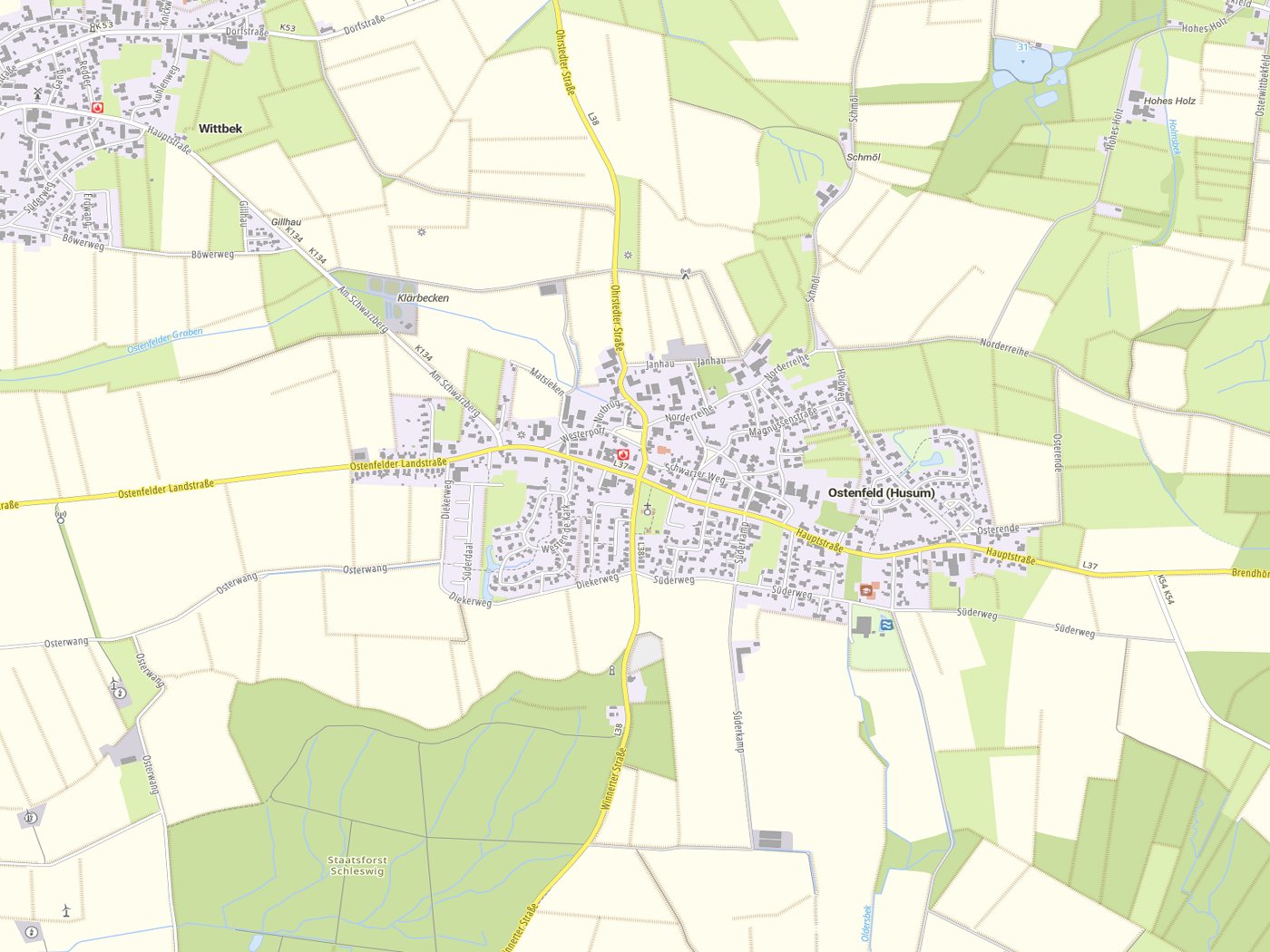 Kartenausschnitt Ostenfeld (Husum) mit Gewässern