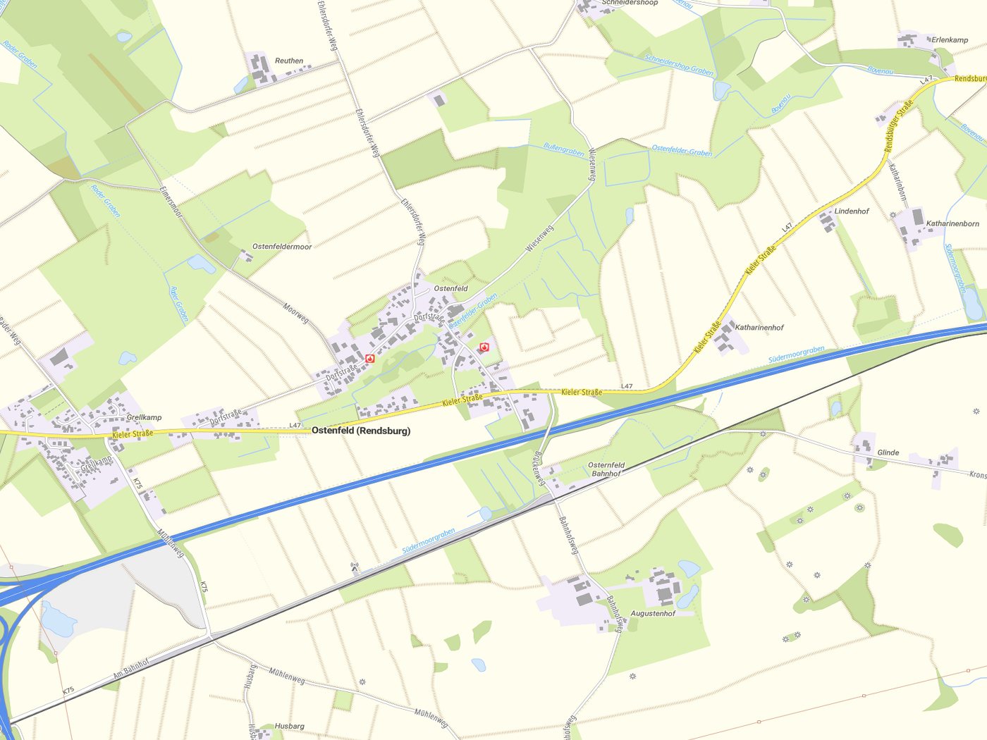 Kartenausschnitt Ostenfeld (Rendsburg) mit Gewässern