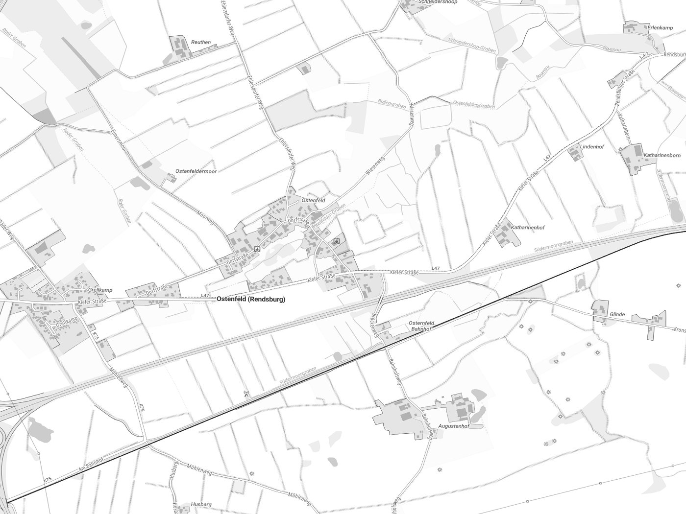 Kartenausschnitt Ostenfeld (Rendsburg) mit Gewässern