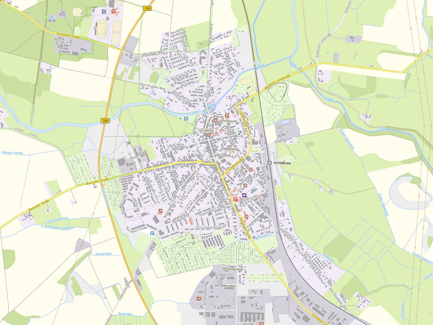 Kartenausschnitt Osterburg (Altmark) mit Gewässern
