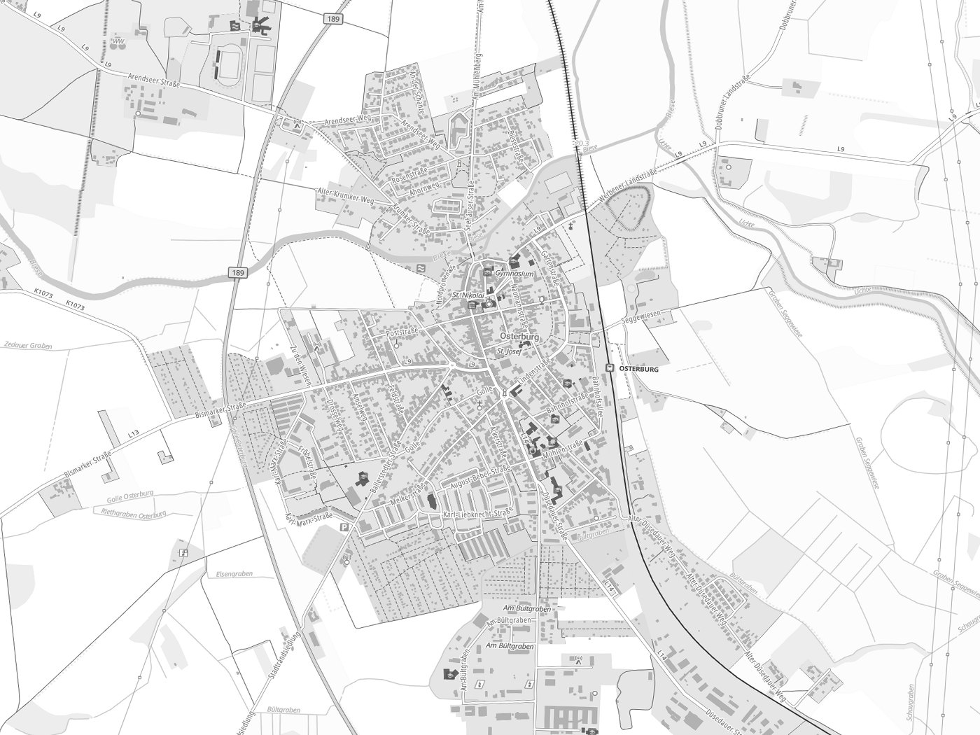 Kartenausschnitt Osterburg (Altmark) mit Gewässern