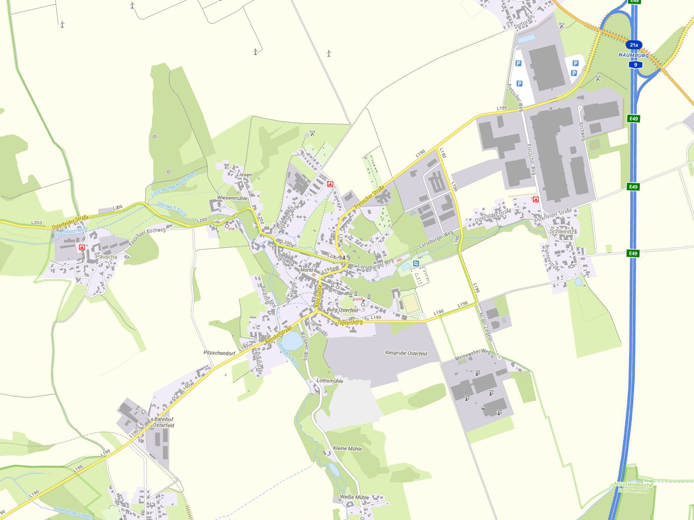 Kartenausschnitt Osterfeld mit Gewässern