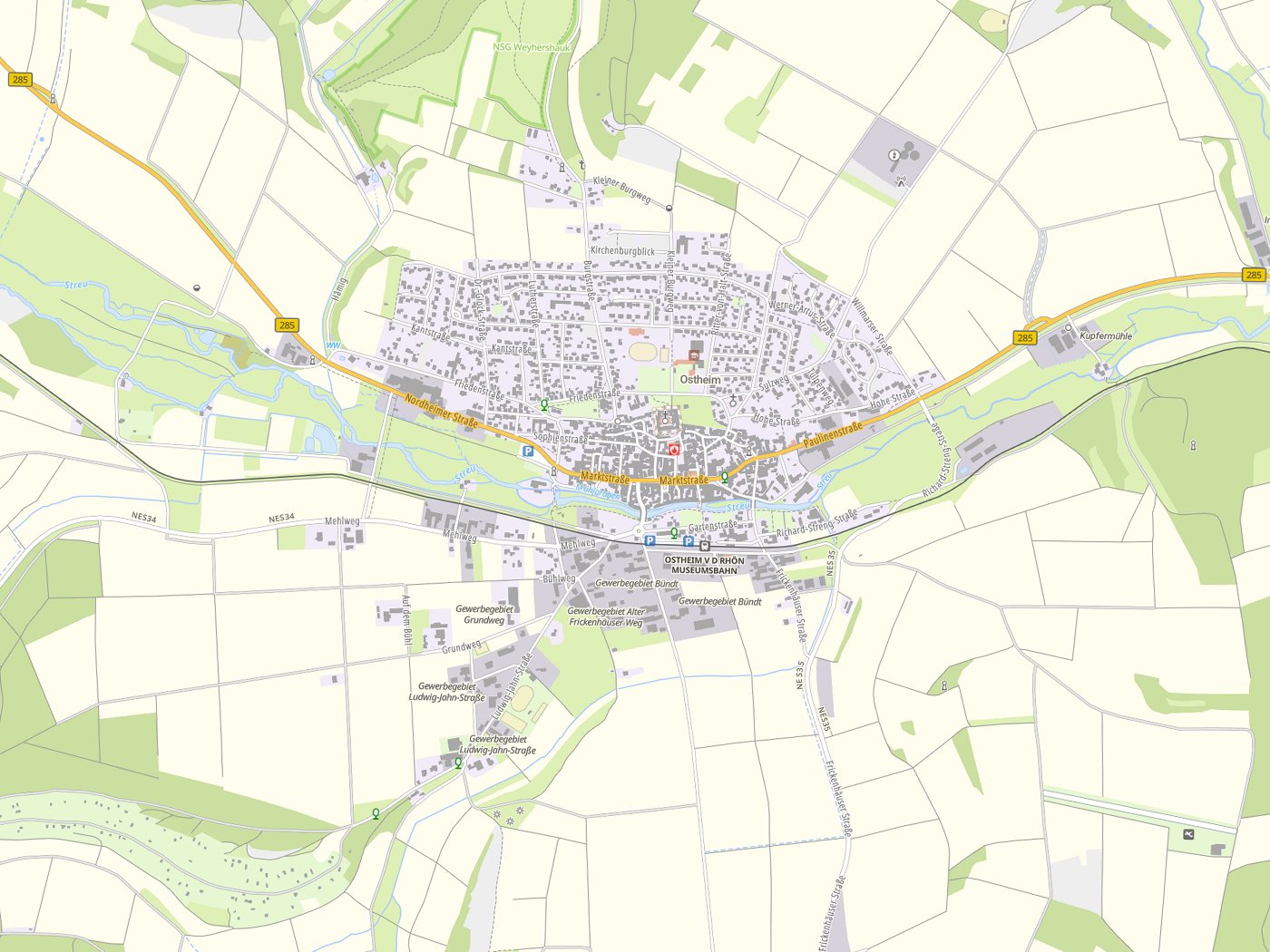 Kartenausschnitt Ostheim v.d.Rhön mit Gewässern