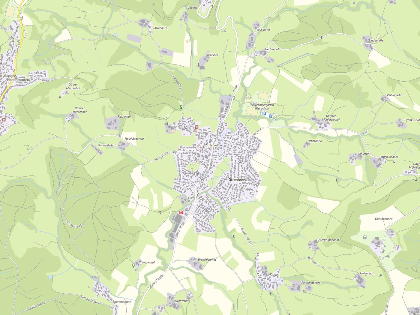 Kartenausschnitt Ottenbach mit Gewässern