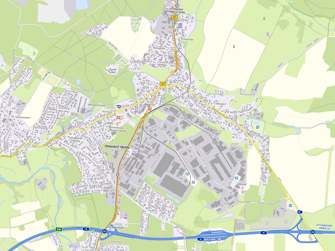 Kartenausschnitt Ottendorf-Okrilla mit Gewässern