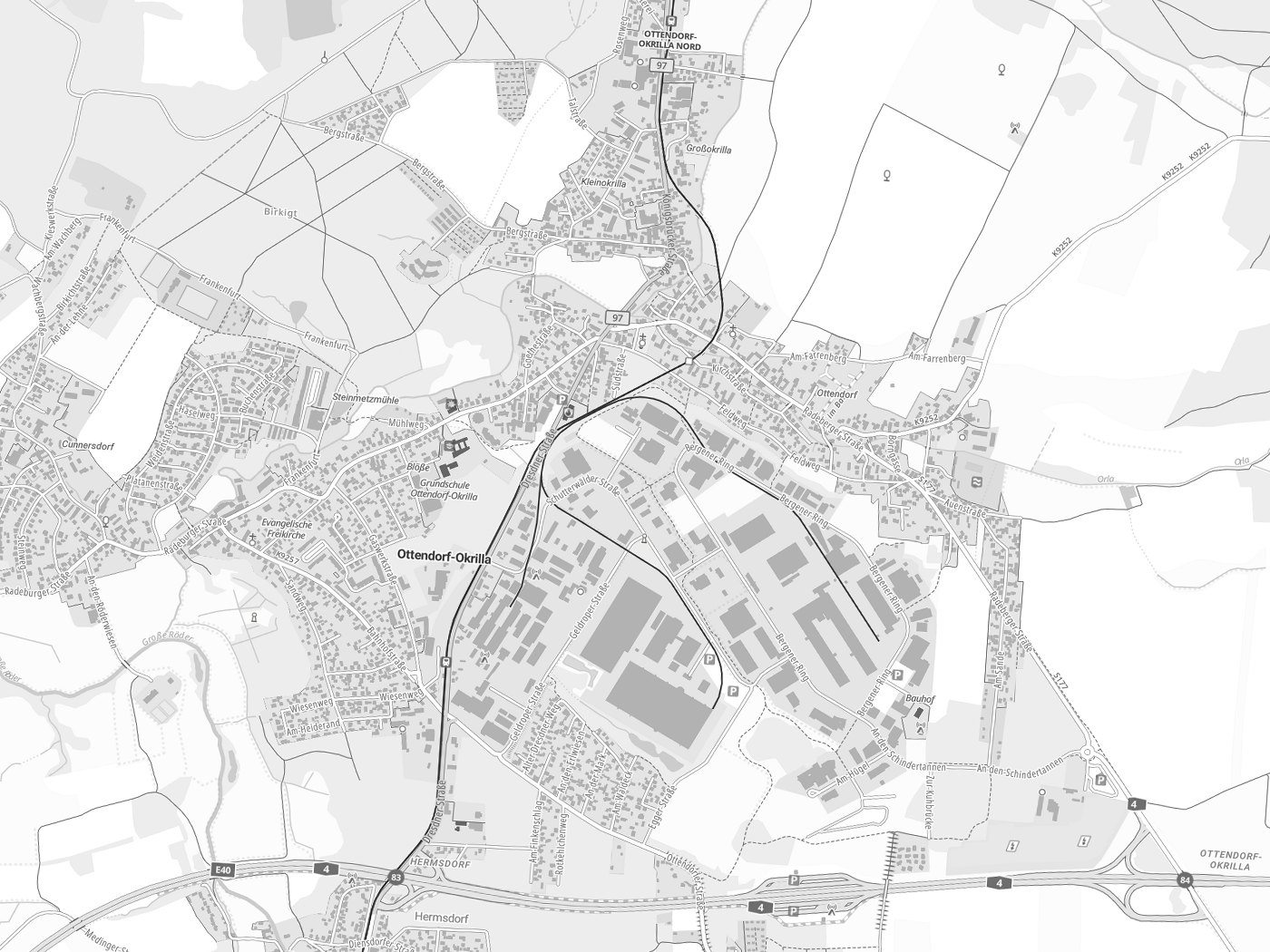 Kartenausschnitt Ottendorf-Okrilla mit Gewässern