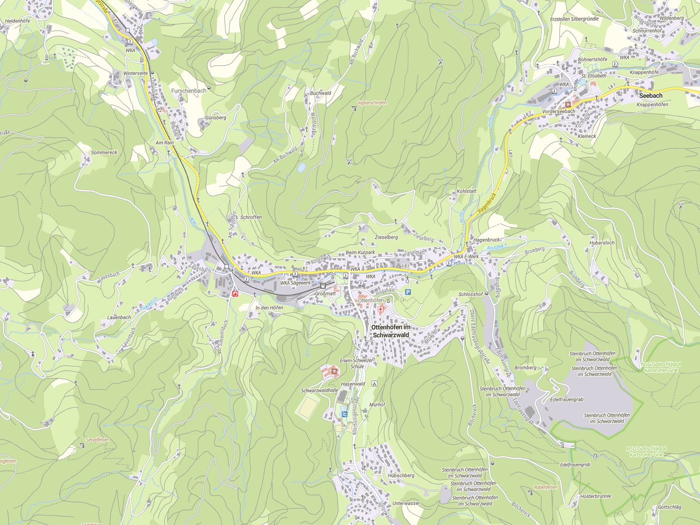 Kartenausschnitt Ottenhöfen im Schwarzwald mit Gewässern