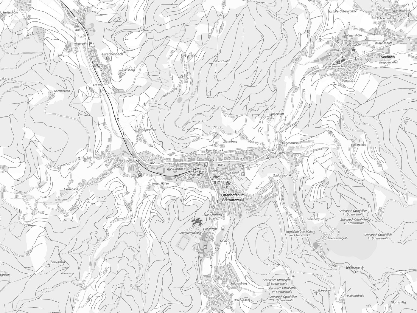 Kartenausschnitt Ottenhöfen im Schwarzwald mit Gewässern