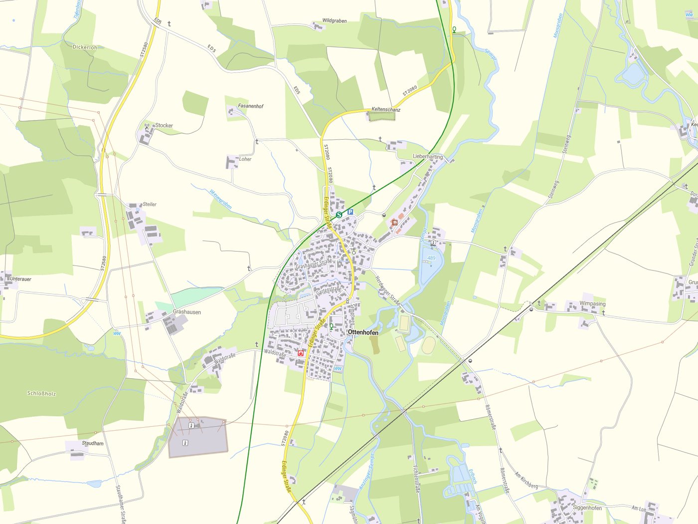 Kartenausschnitt Ottenhofen mit Gewässern
