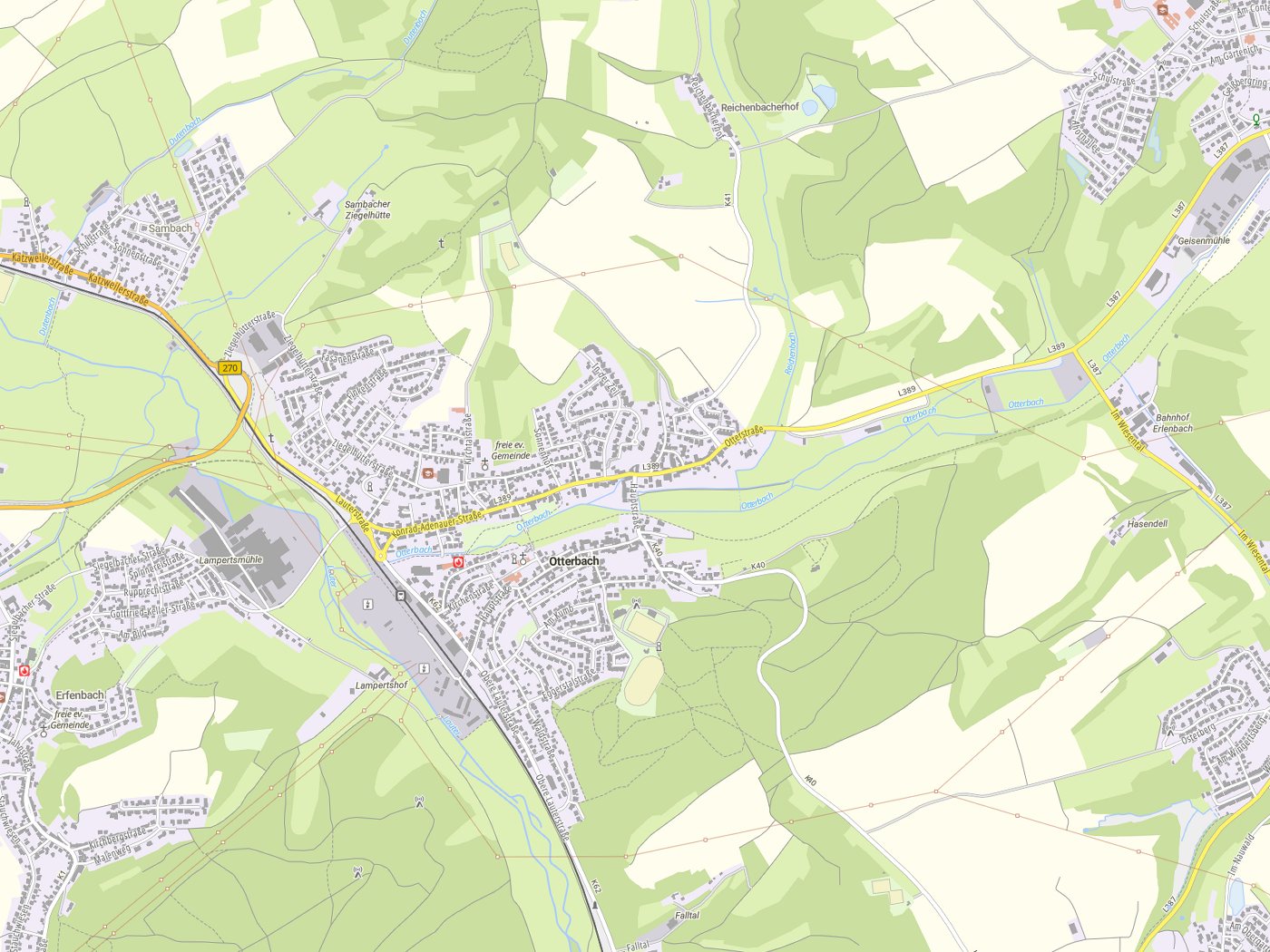 Kartenausschnitt Otterbach mit Gewässern
