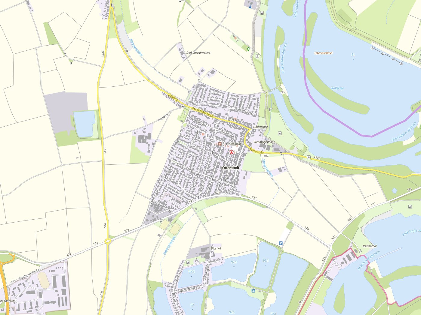 Kartenausschnitt Otterstadt mit Gewässern