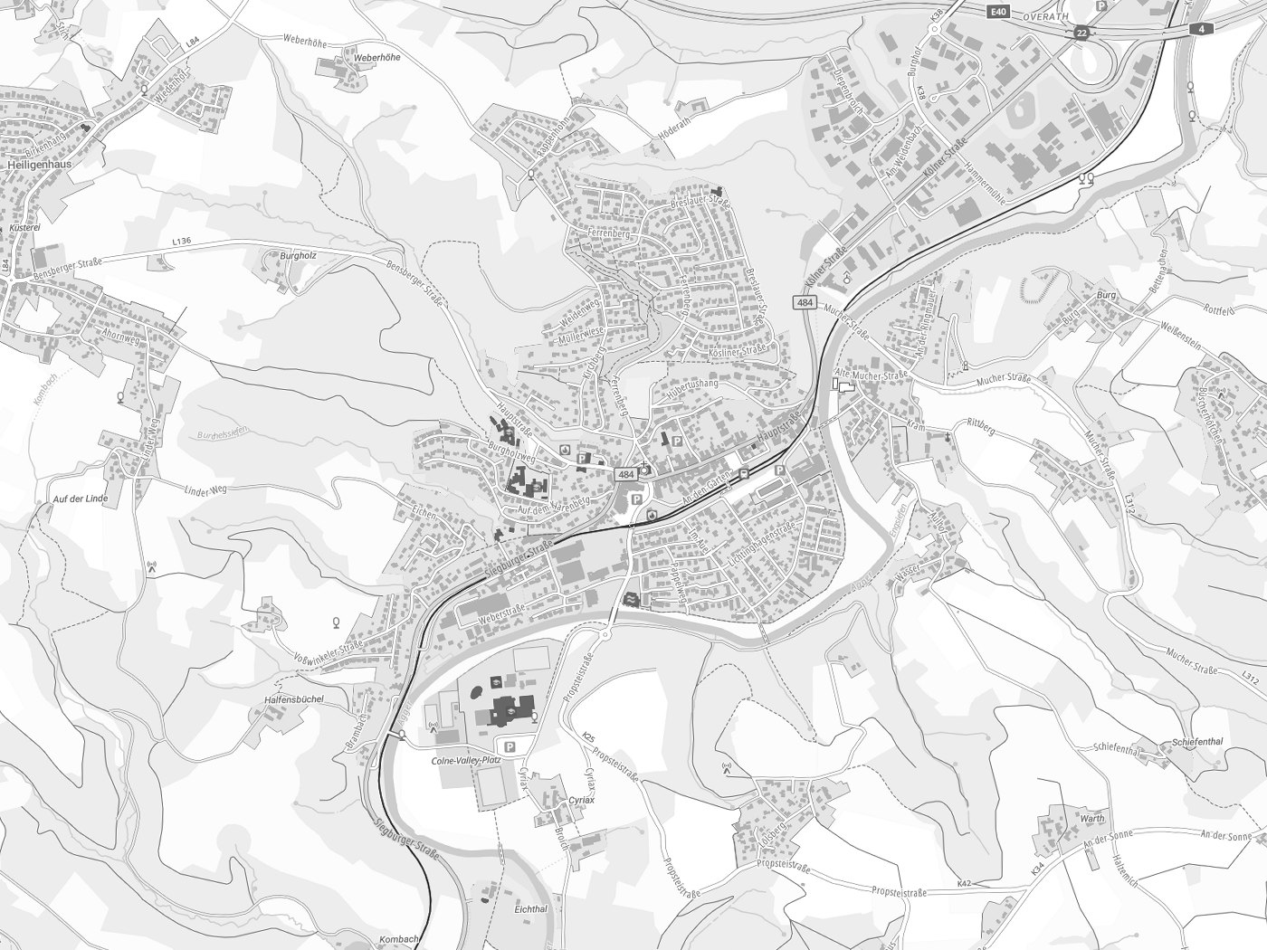 Kartenausschnitt Overath mit Gewässern