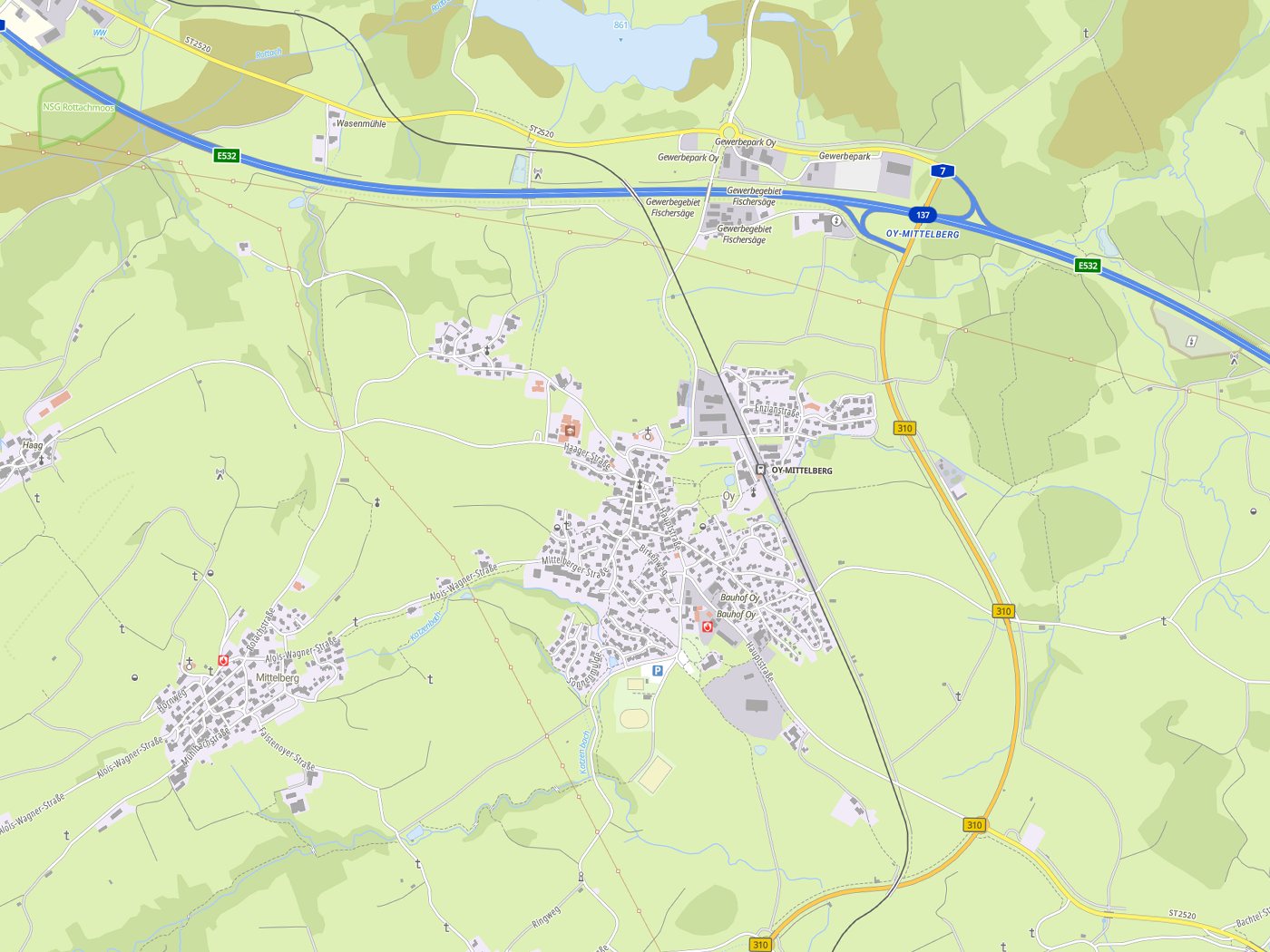 Kartenausschnitt Oy-Mittelberg mit Gewässern