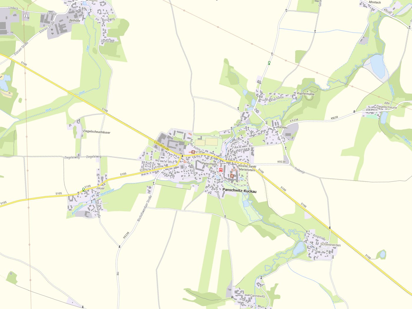 Kartenausschnitt Panschwitz-Kuckau / Pančicy-Kukow mit Gewässern
