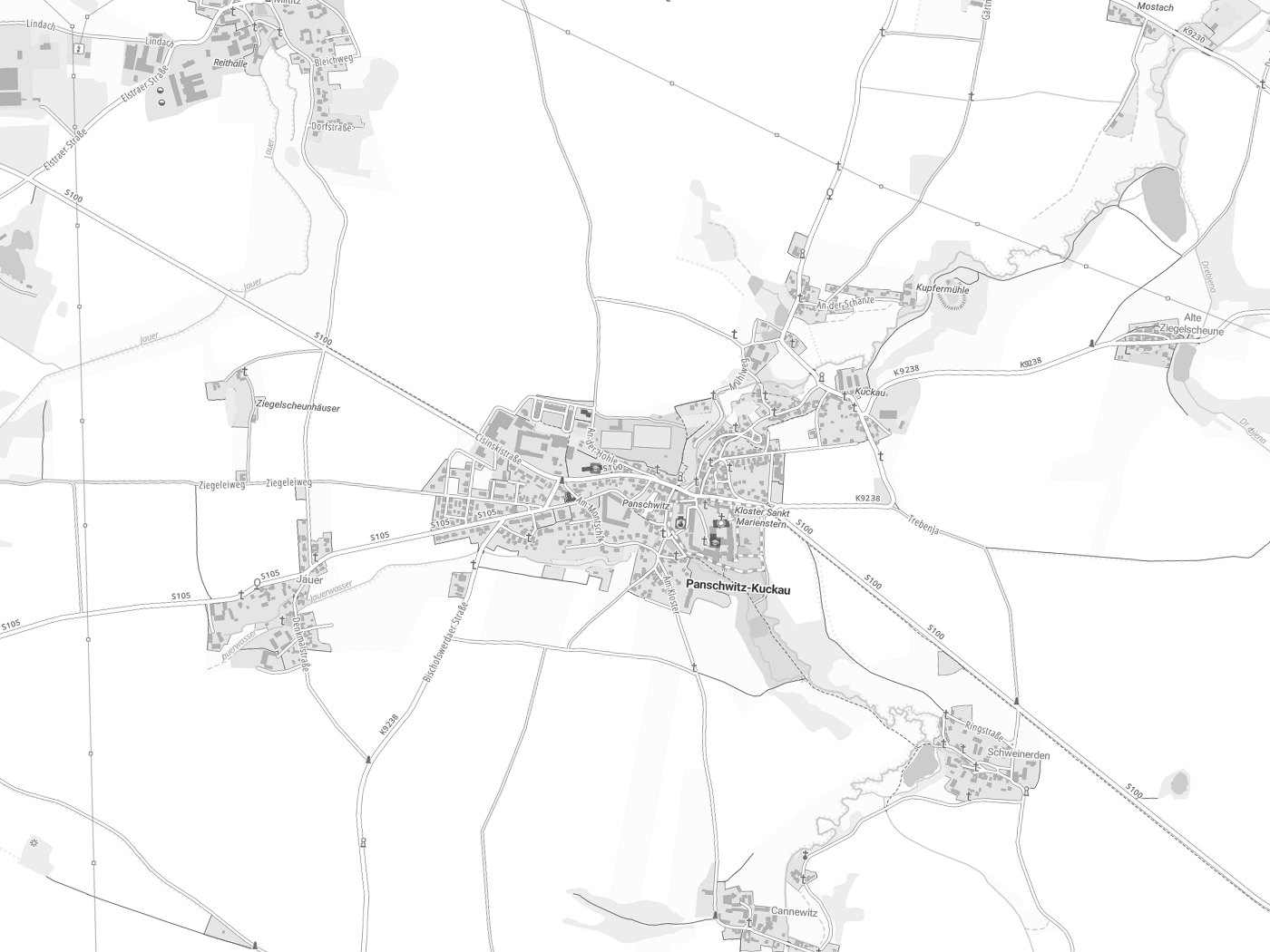 Kartenausschnitt Panschwitz-Kuckau / Pančicy-Kukow mit Gewässern