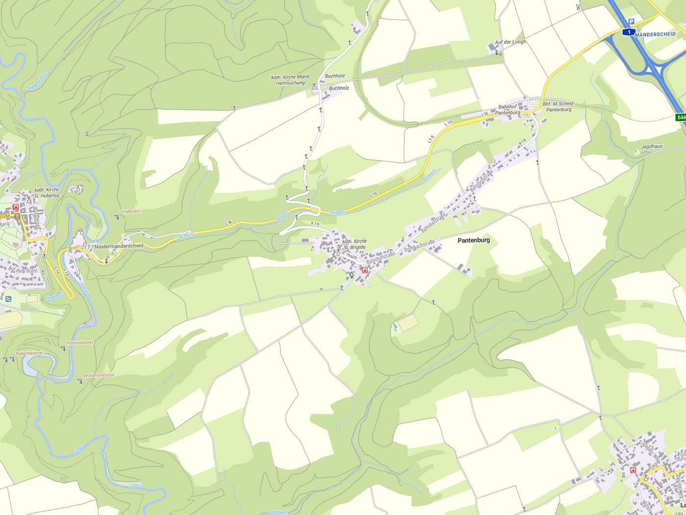 Kartenausschnitt Pantenburg mit Gewässern