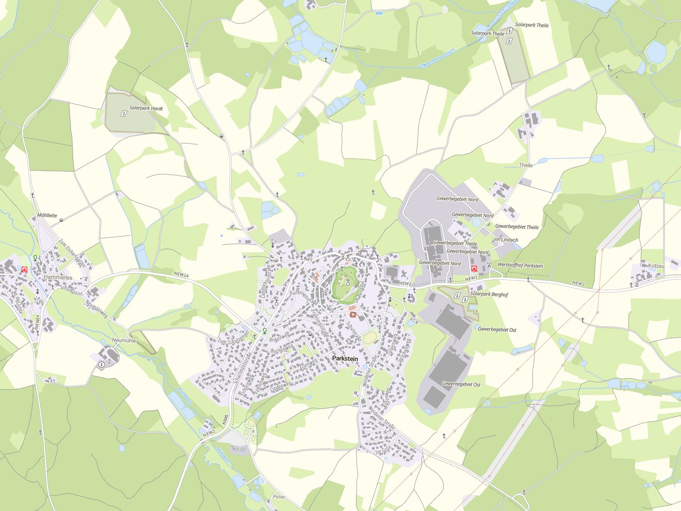Kartenausschnitt Parkstein mit Gewässern