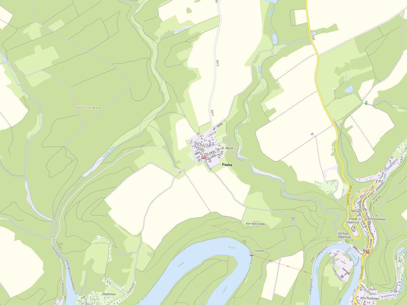 Kartenausschnitt Paska mit Gewässern