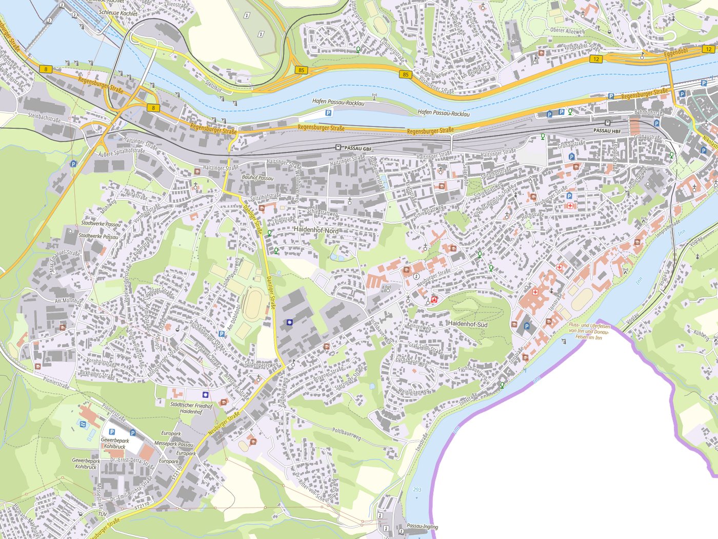 Kartenausschnitt Passau mit Gewässern