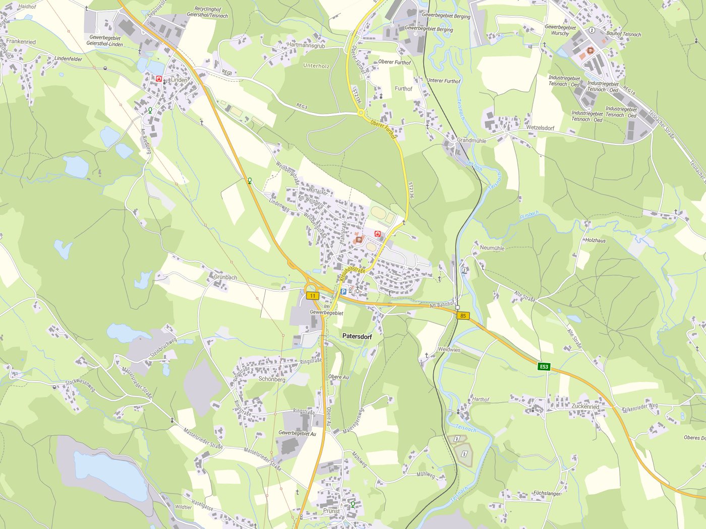 Kartenausschnitt Patersdorf mit Gewässern
