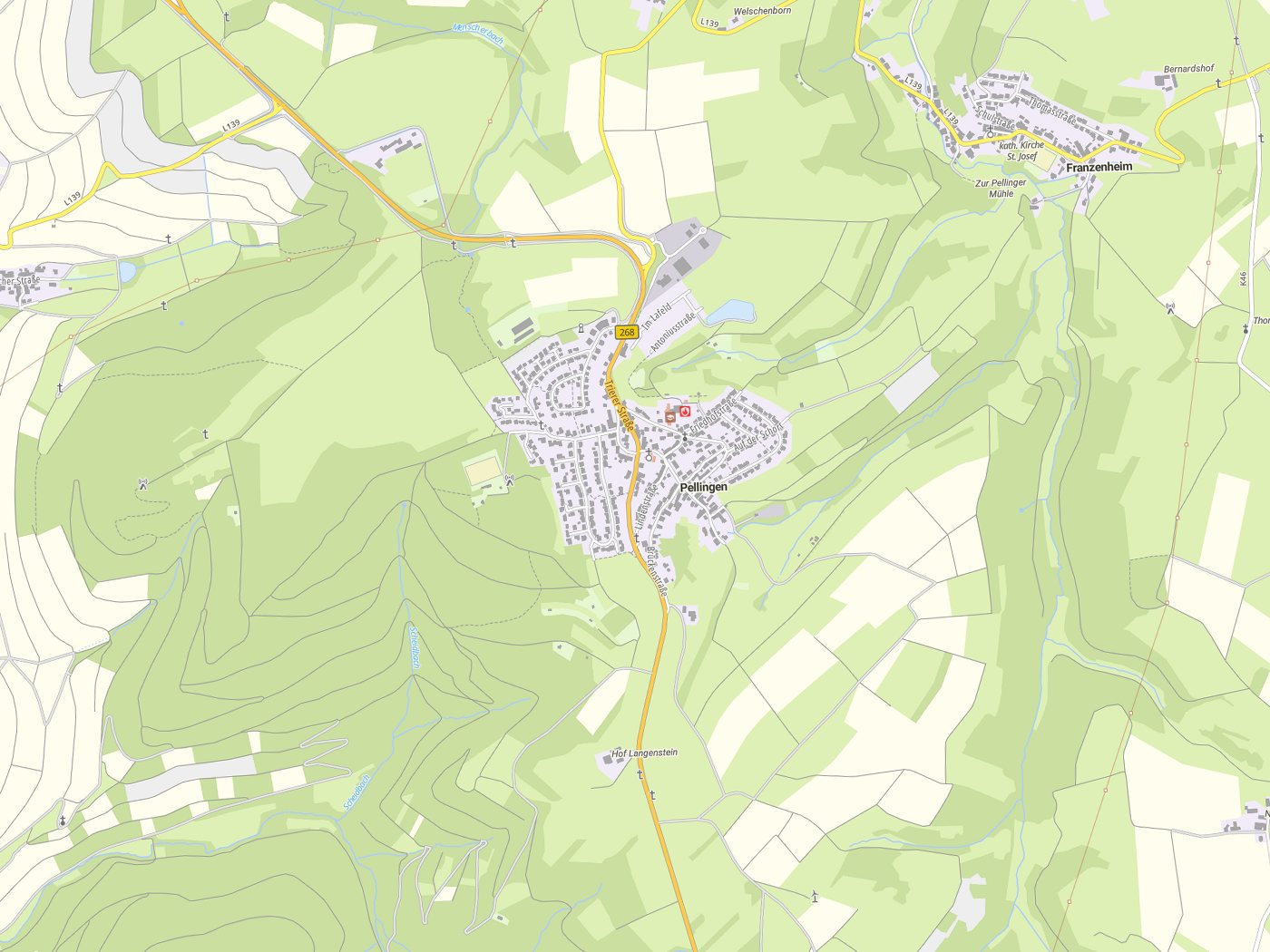 Kartenausschnitt Pellingen mit Gewässern