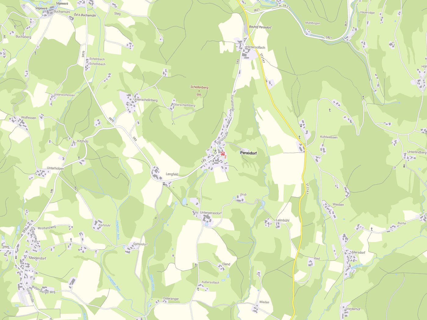 Kartenausschnitt Perasdorf mit Gewässern