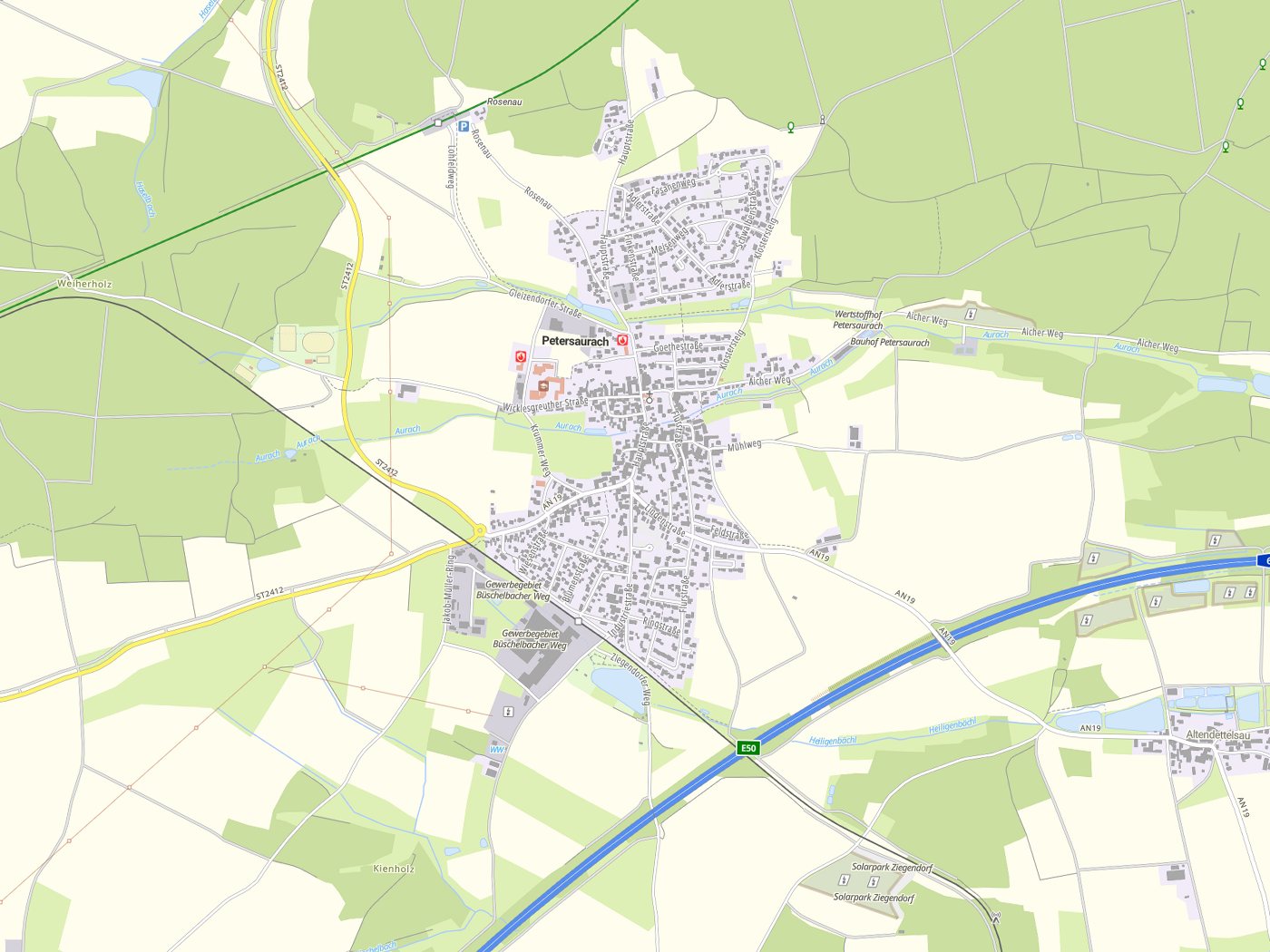 Kartenausschnitt Petersaurach mit Gewässern